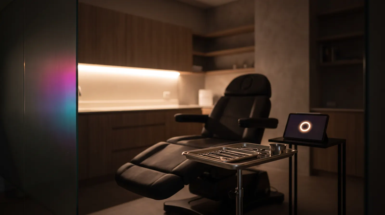 Sala de atendimento de uma clínica, com a cadeira, a bandeja de instrumentos e um tablet ao lado.